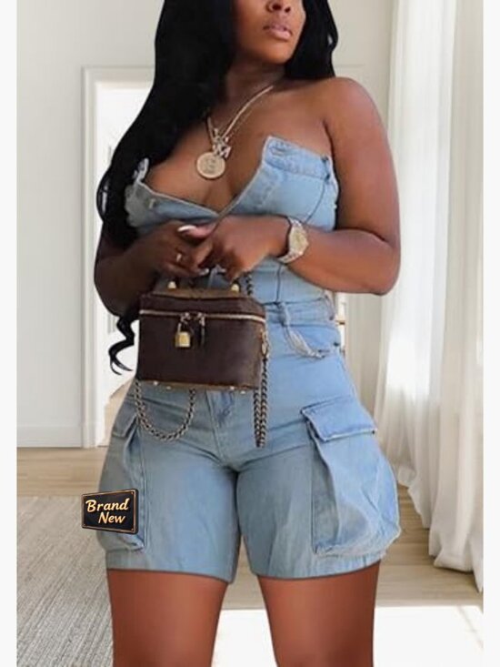 Strapless Denim Romper Cargo Shorts Slim Fit XXL One Piece Jumpsuit - Picture 2 of 5